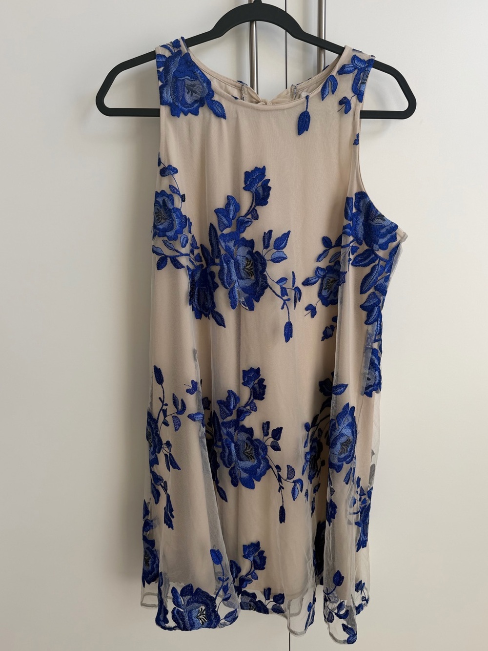 Beige by ECI Blue Floral Embroidered Mesh Overlay Dress Sz Large Cocktail